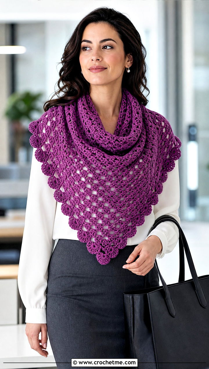Shell Stitch Triangle Shawl With Blouse And Pencil Skirt - 30 easy crochet triangle shawl outfit ideas
