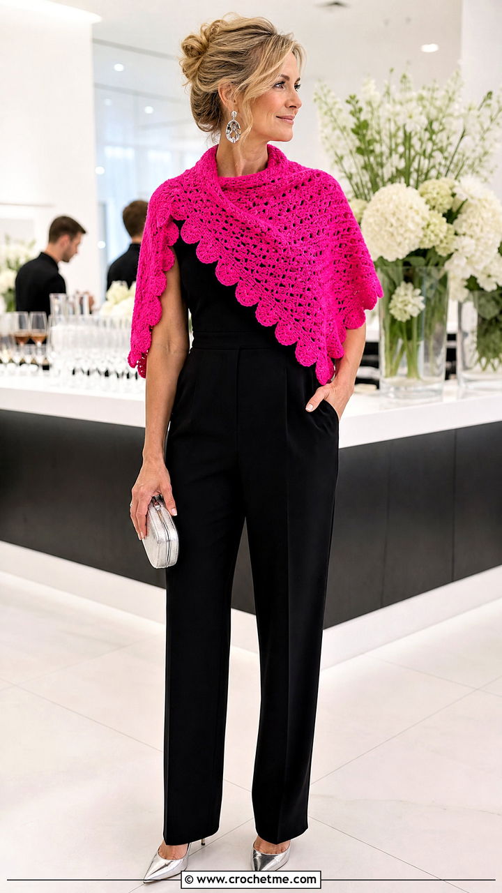 Shell Stitch Triangle Shawl With Jumpsuit - 35 crochet triangle shawl outfit ideas