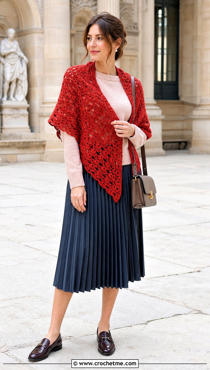 Shell Stitch Triangle Shawl With Sweater And Pleated Skirt - 35 Easy Simple Crochet Triangle Shawl outfit ideas