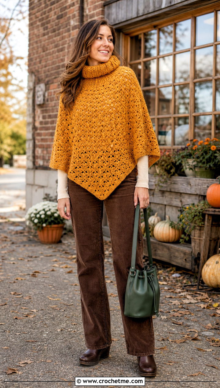 Shell Stitch Turtle Neck Crochet Poncho With Corduroy Pants - 25 Turtle Neck Crochet Poncho outfit ideas