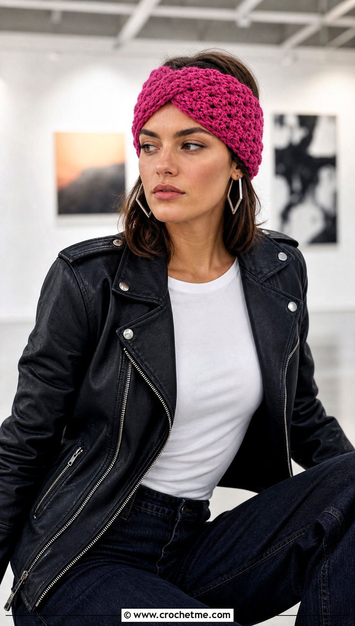 Shell Stitch Twist Ear Warmer With Leather Jacket - 25 Crochet Twist Ear Warmer outfit ideas