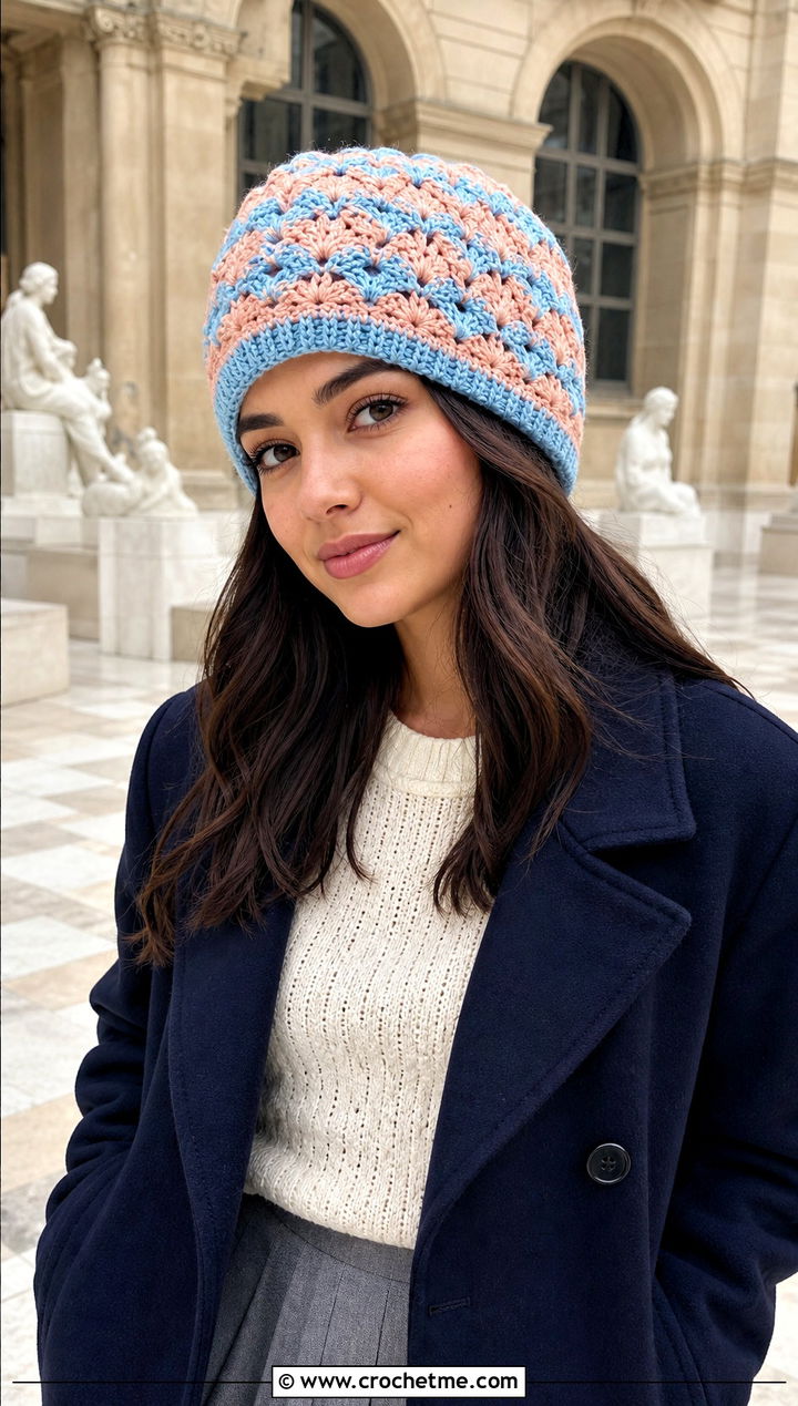 Shell Stitch Two Color Crochet Beanie With Pleated Skirt - 30 2 color crochet beanie hat outfit ideas