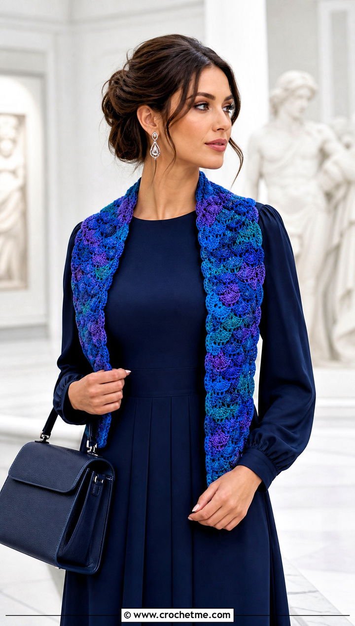 Shell Stitch Variegated Crochet Scarf With Midi Dress - 25 Variegated Yarn Crochet Scarf outfit ideas