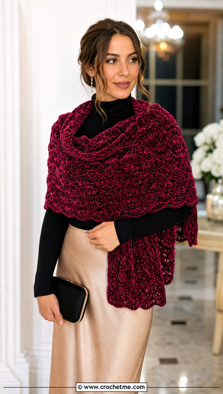 Shell Stitch Velvet Crochet Scarf With Satin Skirt - 25 Velvet Crochet Scarf outfit ideas