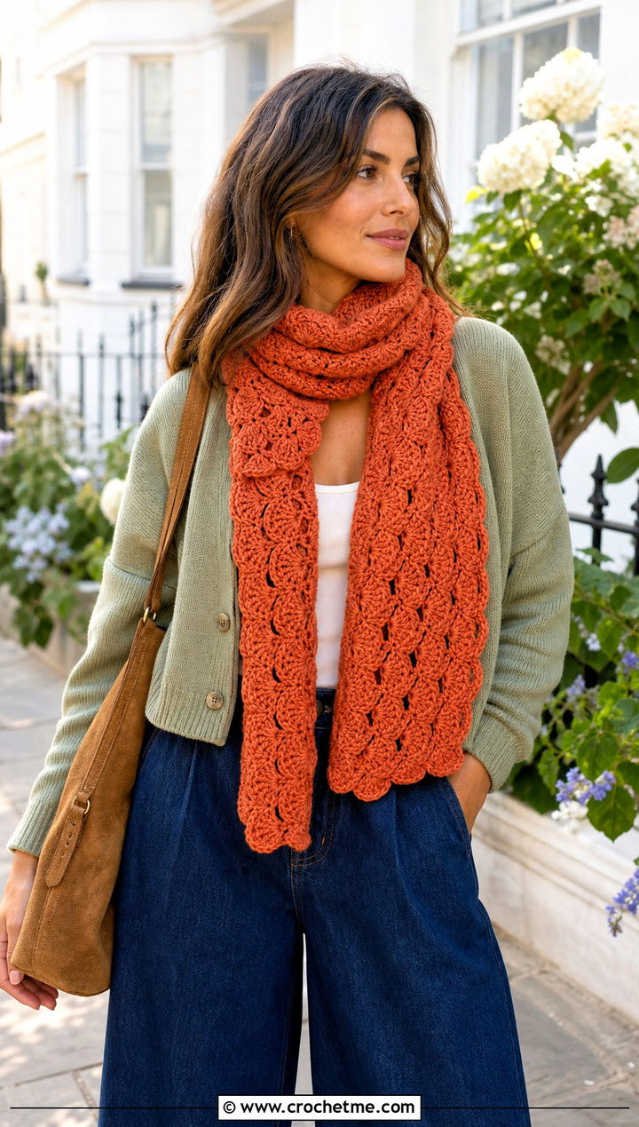 Shell Stitch Wide Scarf With Cardigan And Wide Leg Jeans - 20 Crochet Wide Scarf outfit ideas