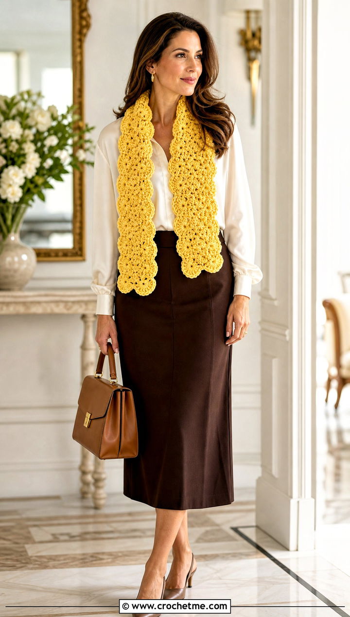 Shell Stitch Worsted Weight Crochet Scarf With Satin Blouse - 20 Crochet Scarf Worsted Weight Yarn outfit ideas