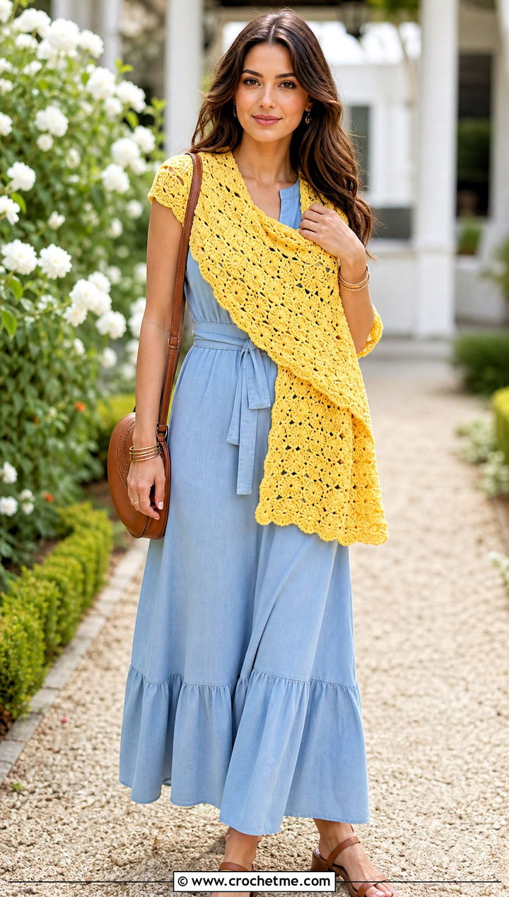 Shell Stitch Wrap Me Up Crochet Sweater Scarf With Maxi Dress - 15 Wrap Me Up Crochet Sweater Scarf outfit ideas