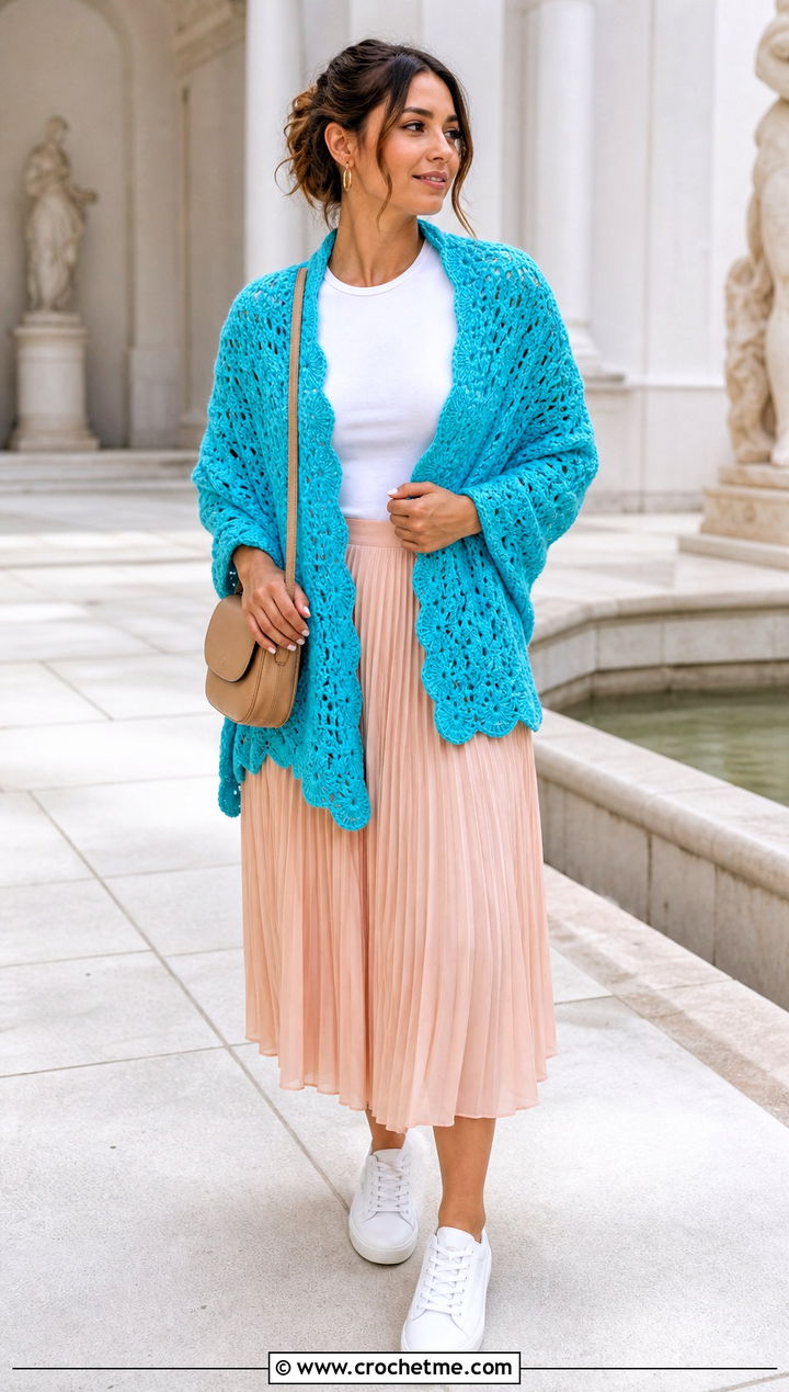 Shell Stitch Wrap With T Shirt And Midi Skirt - 25 beautiful crochet shawls and wraps outfit ideas