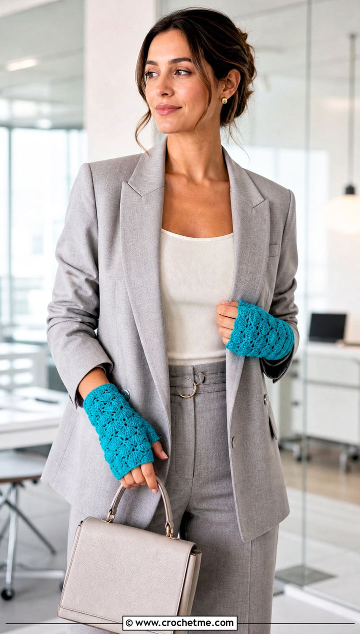 Shell Stitch Wrist Gloves With A Pantsuit - 25 Vintage Crochet Gloves outfit ideas