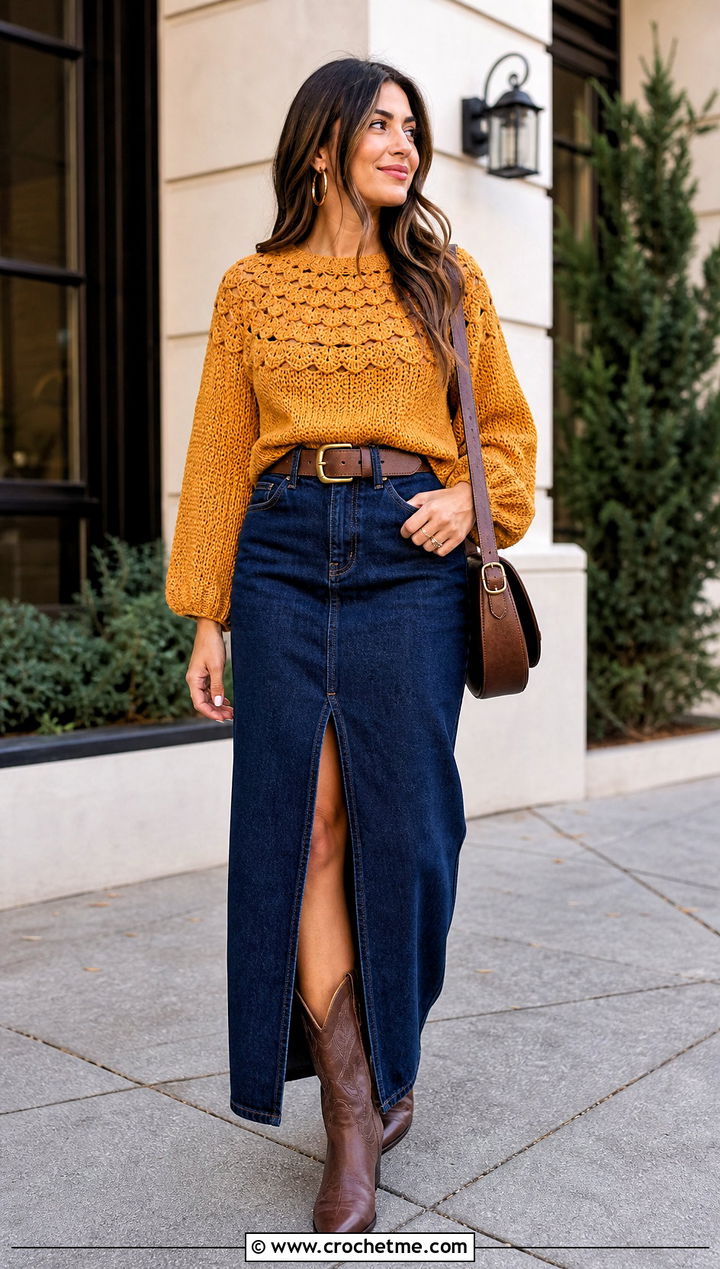 Shell Stitch Yoke Crochet Sweater With Denim Maxi Skirt - 25 Yoke Down Crochet Sweater outfit ideas