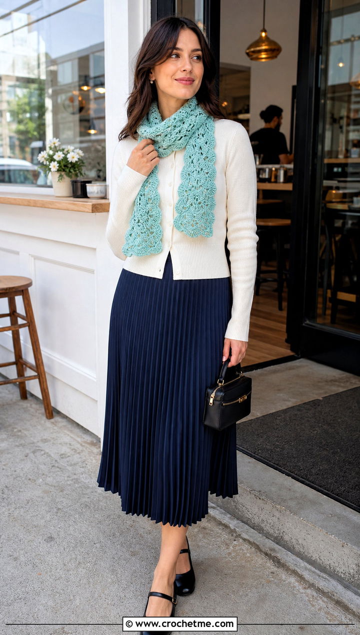 Shell Wave Crochet Scarf With Cardigan and Pleated Skirt - 25 wavy crochet scarf outfit ideas