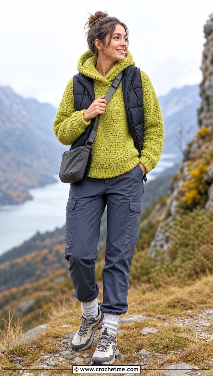 Sherpa Chunky Crochet Hoodie With Utility Pants - 25 crochet chunky hoodie outfit ideas
