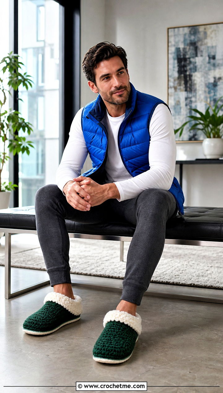 Sherpa Cuff Crochet Mens Slippers With a Tech Fleece Outfit - 30 crochet men's slippers outfit ideas