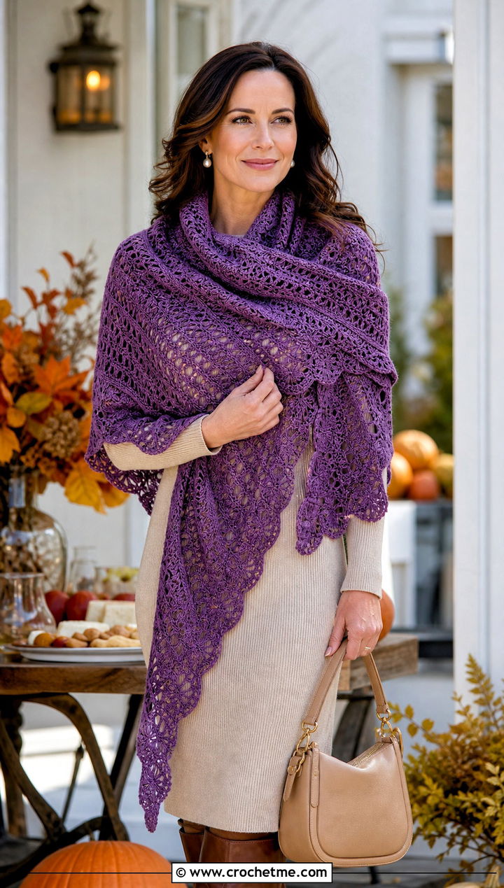 Shetland Style Crochet Shawl With Knit Dress - 25 Vintage Crochet Shawl outfit ideas