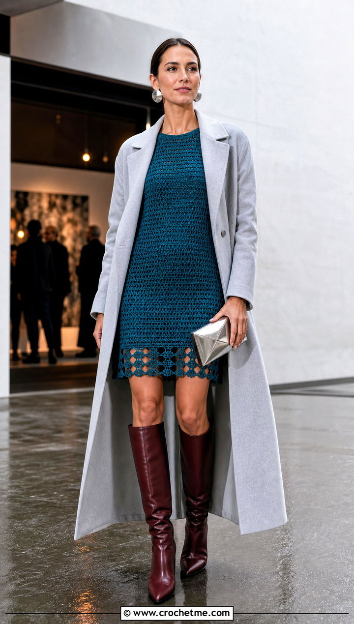 Shift Crochet Mini Dress With Tall Boots - 15 crochet mini dress party outfit ideas