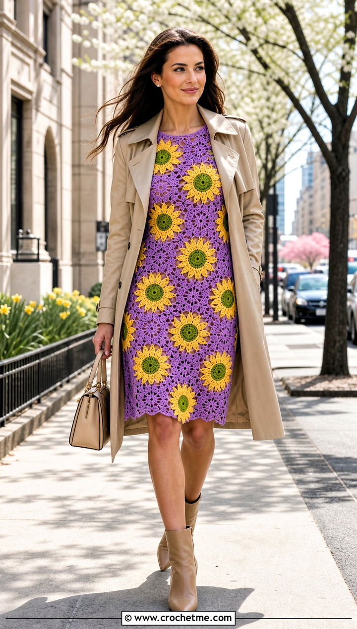 Shift Crochet Sunflower Dress With Trench Coat - 35 crochet sunflower dress outfit ideas