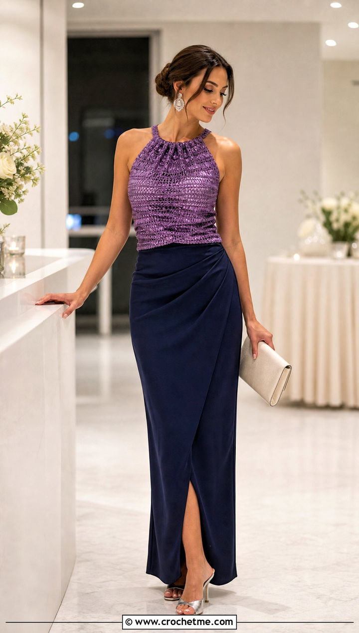 Shimmer Crochet Ruched Top With Tailored Maxi Skirt - 30 crochet ruched top outfit ideas