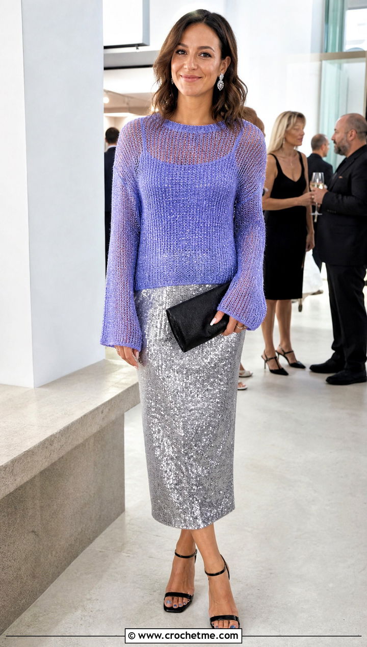 Shimmer Thread Pixie Crochet Sweater With Sequin Skirt - 20 Pixie Crochet Sweater outfit ideas