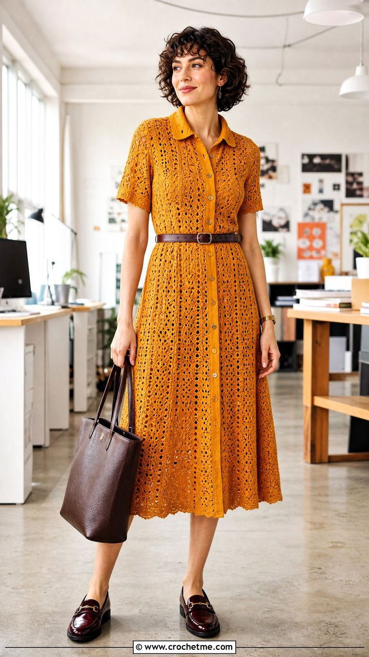Shirt Collar Crochet Gown With Loafers - 35 crochet gown outfit ideas