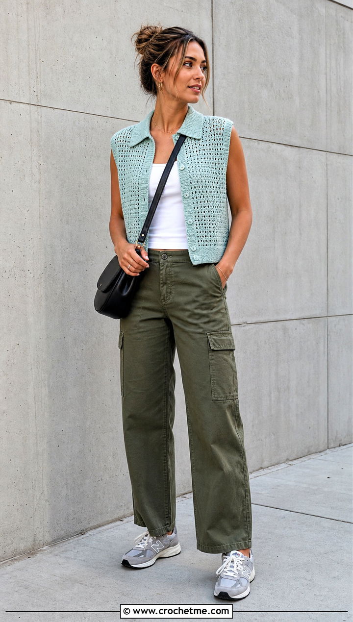 Shirt Collar Crochet Vest With Cargo Pants - 25 crochet vest with collar outfit ideas