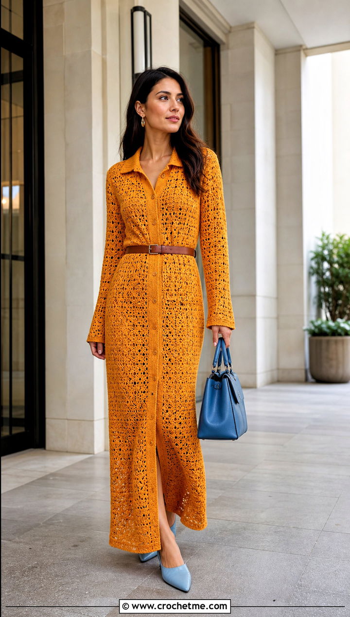 Shirt Collar Long Crochet Dress With Mules - 35 Long Crochet Dress outfit ideas