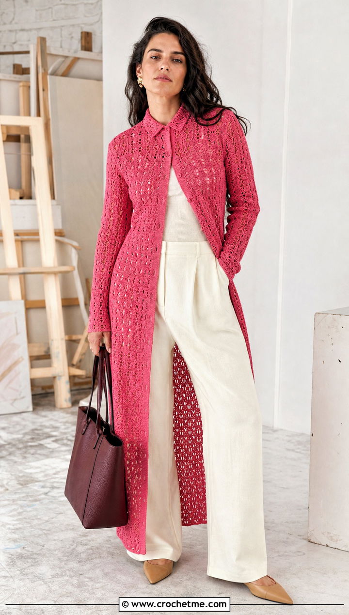 Shirt Crochet Long Dress With Wide Leg Trousers - 35 crochet long dress outfit ideas