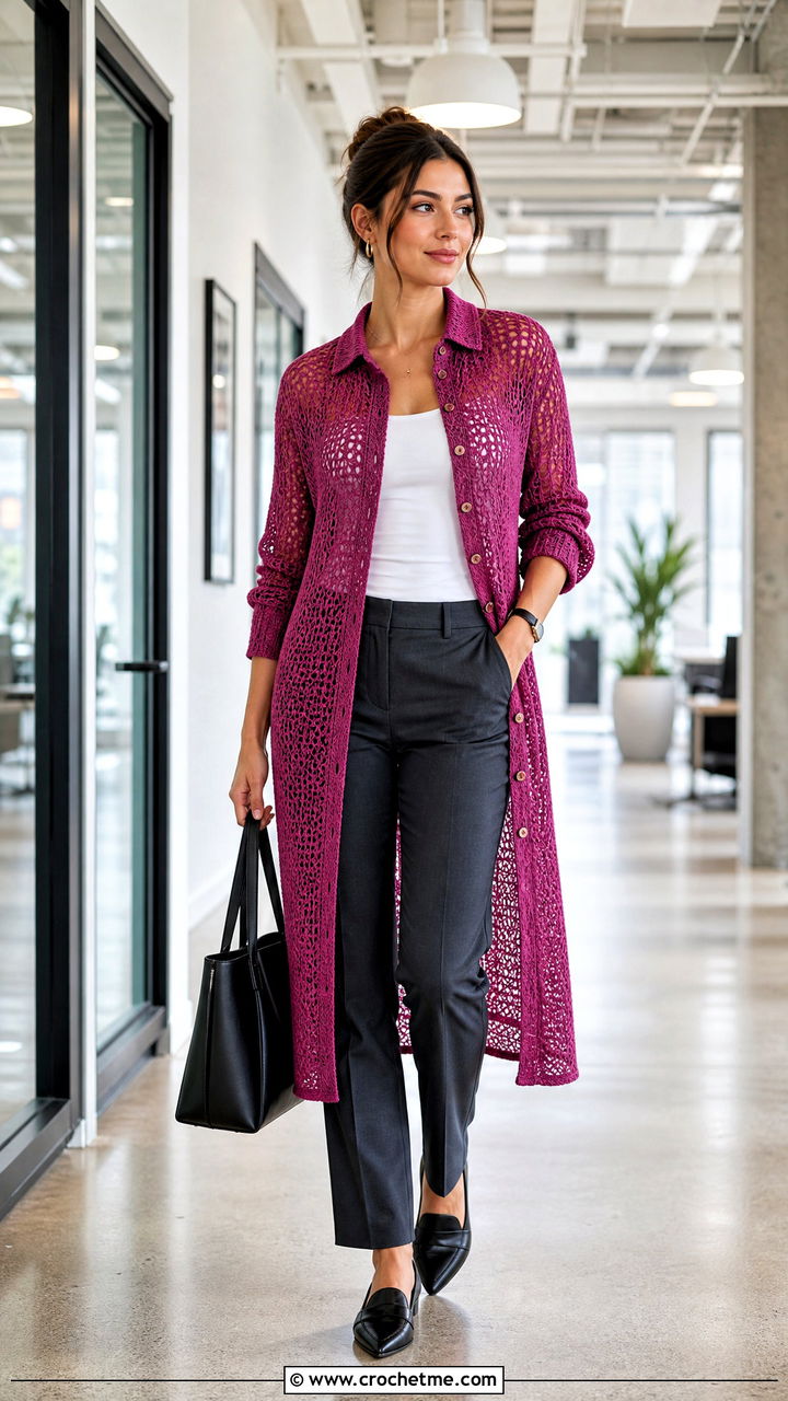 Shirt Crochet Mesh Dress With Slim Trousers - 35 crochet mesh dress outfit ideas