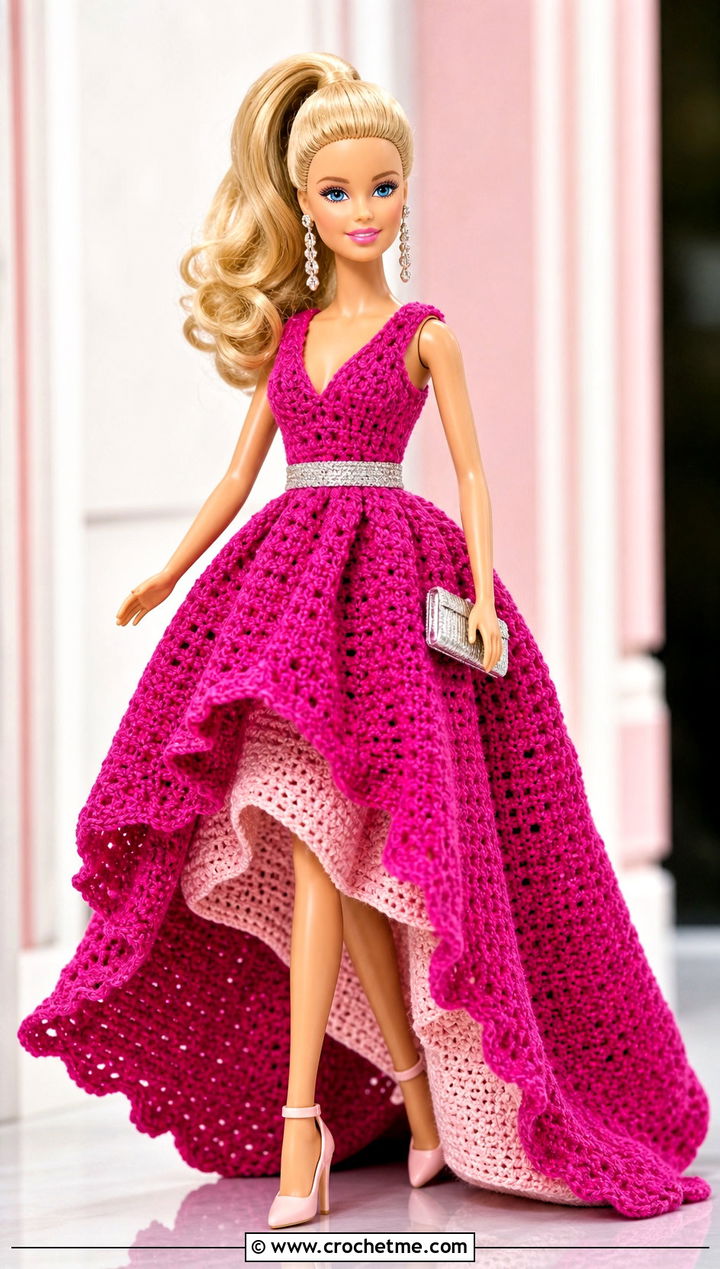 Shocking Magenta High Low Crochet Barbie Ball Gown - 30 crochet barbie ball gowns outfit ideas
