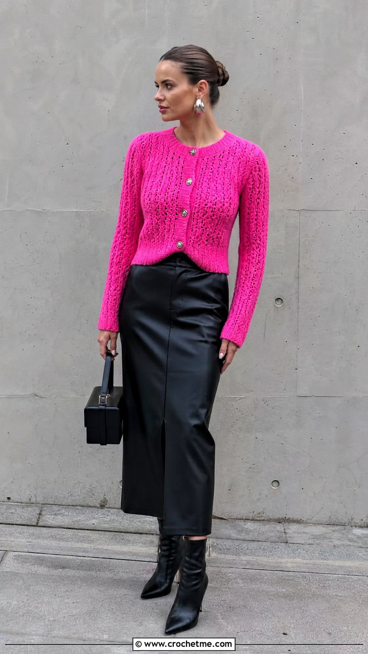 Shocking Pink Crochet Cardigan With Leather Skirt - 35 crochet birthday outfit ideas