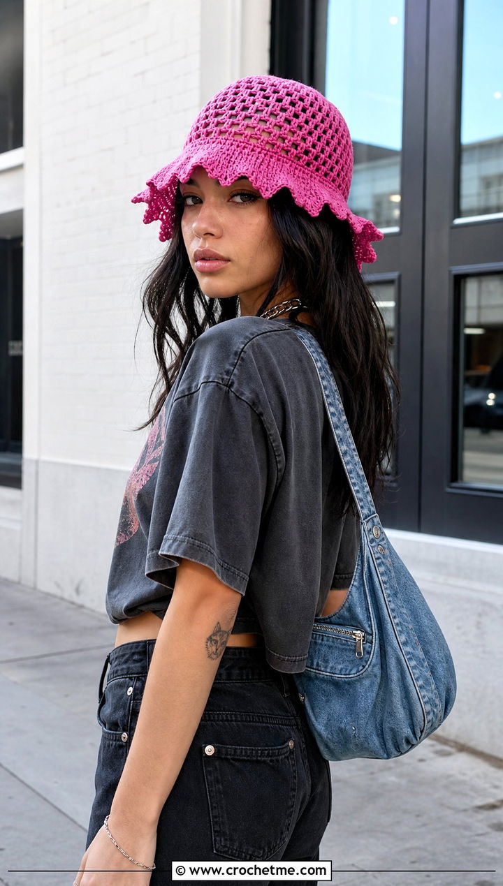 Shocking Pink Picot Edge Mesh Bucket Hat With Graphic Tee - 30 crochet mesh bucket hat outfit ideas