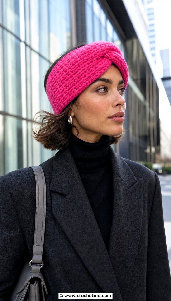 Shocking Pink Ravencraft Crochet Earwarmer With Gray Blazer And Jeans - 15 ravencraft crochet earwarmer outfit ideas