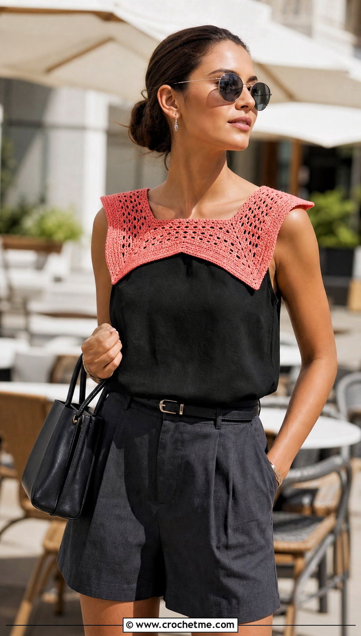 Shocking Pink Square Crochet Collar With Summer Shorts - 15 wednesday addams crochet collar outfit ideas