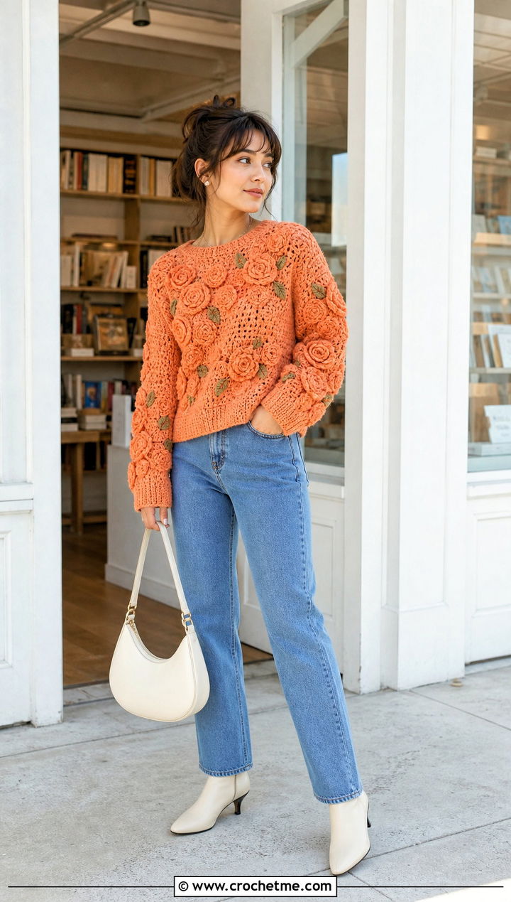 Shojo Rose Crochet Sweater With Straight Leg Jeans - 30 Anime Crochet Sweater outfit ideas