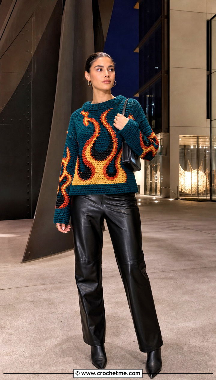 Shonen Flame Crochet Sweater With Leather Pants - 30 Anime Crochet Sweater outfit ideas
