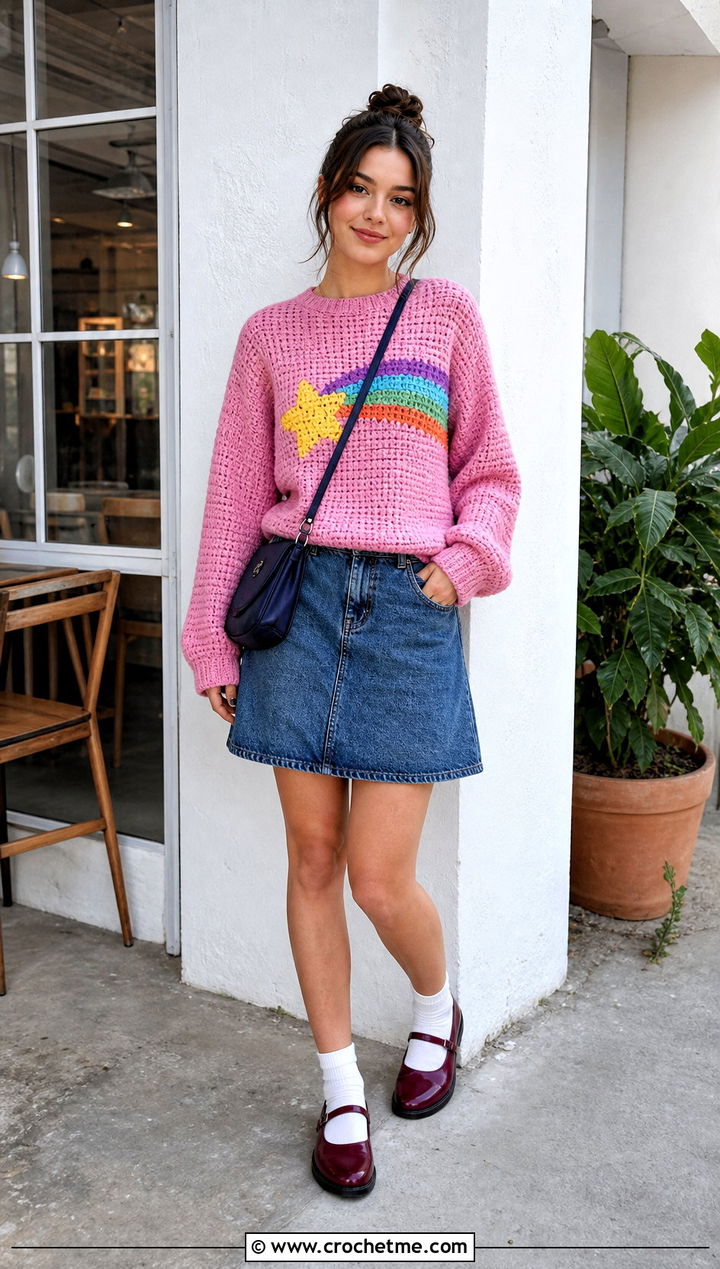 Shooting Star Crochet Mabel Pines Sweater With Denim Skirt - 30 crochet mabel pines sweater outfit ideas