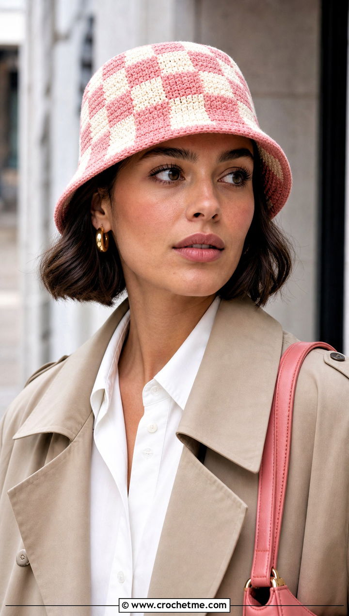 Short Brim Checkerboard Crochet Bucket Hat With Trench Coat - 20 checkerboard crochet bucket hat outfit ideas