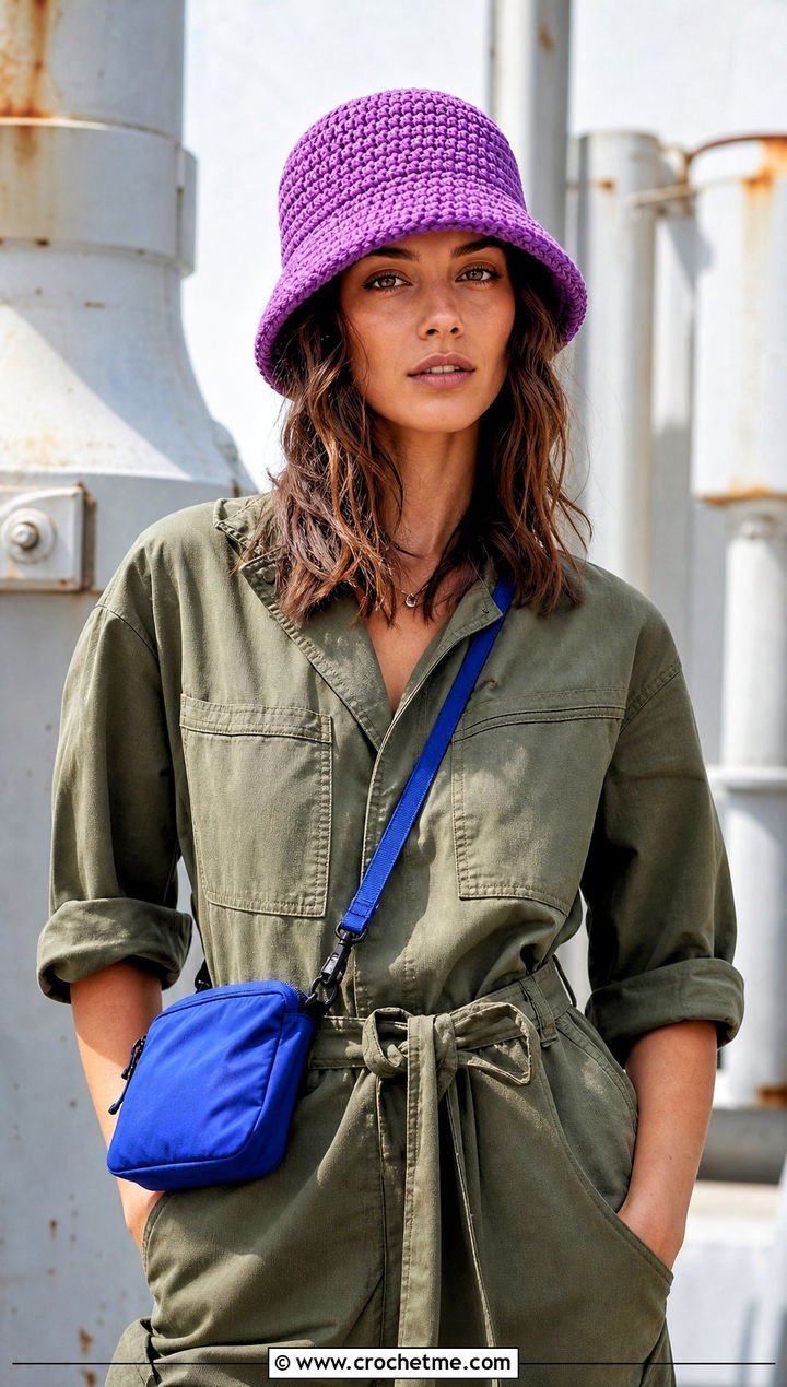 Short Brim Chunky Crochet Bucket Hat With Utility Jumpsuit - 25 Chunky Crochet Bucket Hat outfit ideas