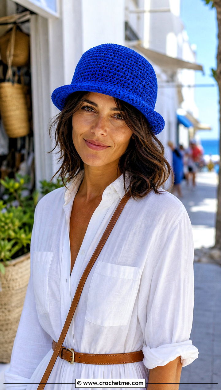 Short Brim Crochet Beach Hat With Shirt Dress - 30 crochet beach hats outfit ideas