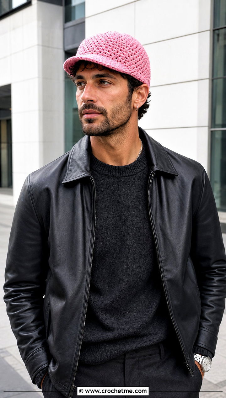 Short Brim Crochet Beanie Hat With Leather Jacket - 15 Crochet Mens Hat With Brim outfit ideas