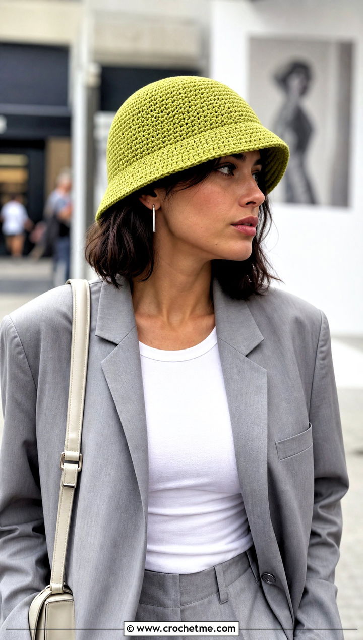 Short Brim Crochet Bucket Hat With Blazer And Jeans - 25 Crochet Cute Bucket Hat outfit ideas