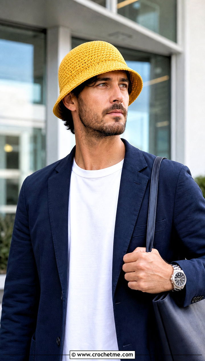 Short Brim Crochet Bucket Hat With Blazer And Tailored Trousers - 15 men's crochet bucket hat outfit ideas