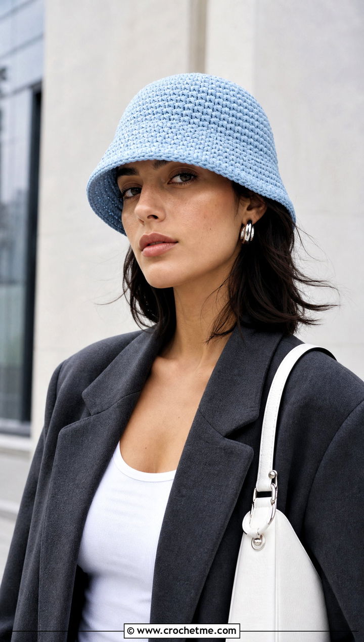 Short Brim Crochet Bucket Hat With Blazer - 25 Easy Crochet Bucket Hats outfit ideas