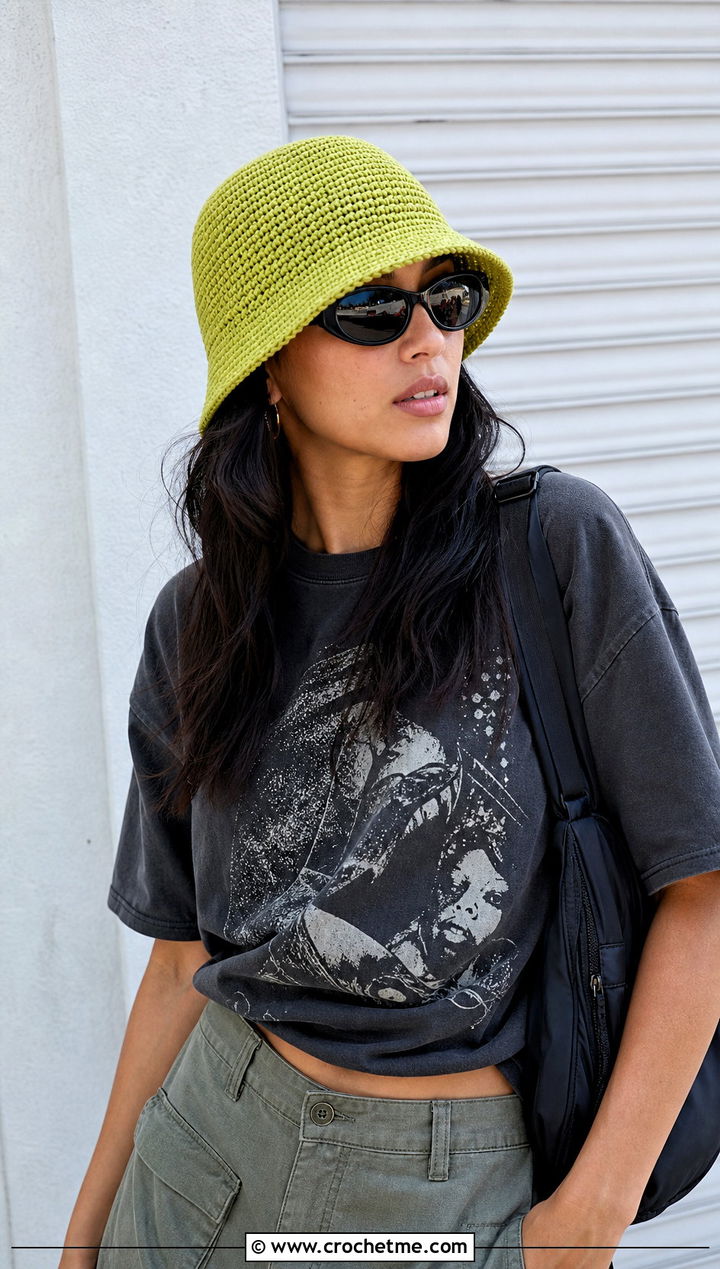 Short Brim Crochet Bucket Hat With Graphic Tee And Cargo Skirt - 30 summer crochet bucket hat outfit ideas