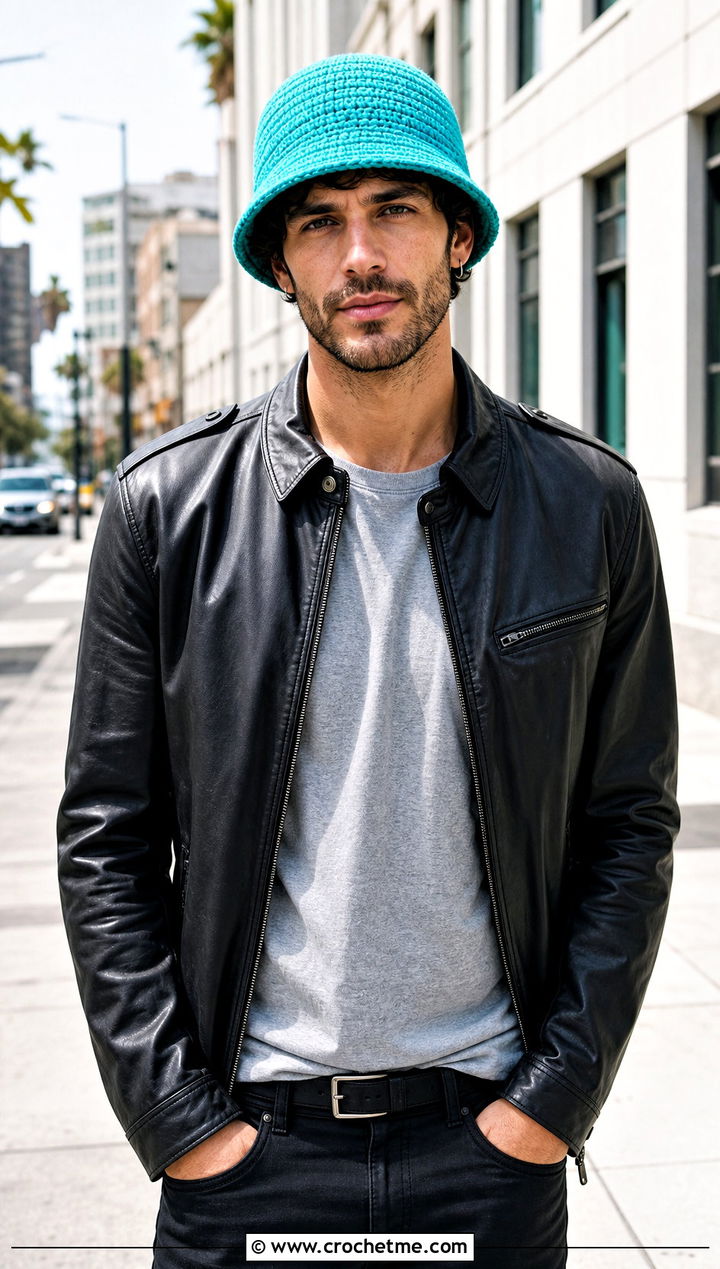 Short Brim Crochet Bucket Hat With Leather Jacket And Black Jeans - 30 crochet bucket hat men outfit ideas