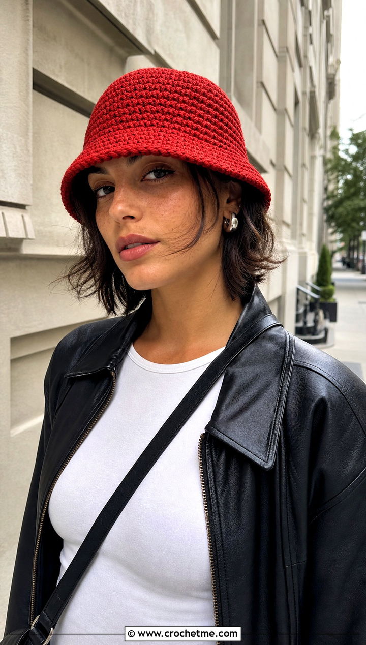 Short Brim Crochet Bucket Hat With Leather Jacket - 30 easy crochet bucket hat outfit ideas