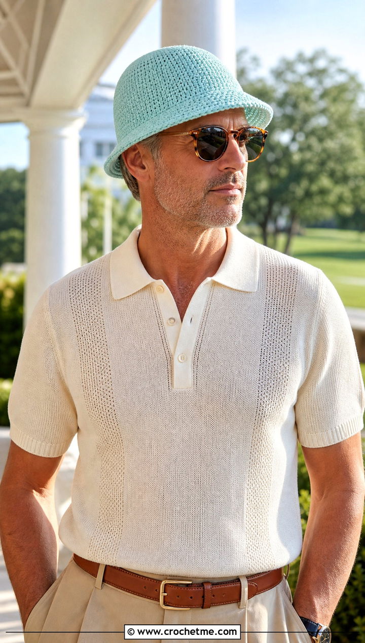 Short Brim Crochet Bucket Hat With Polo And Chinos - 15 Crochet Mens Bucket Hat outfit ideas