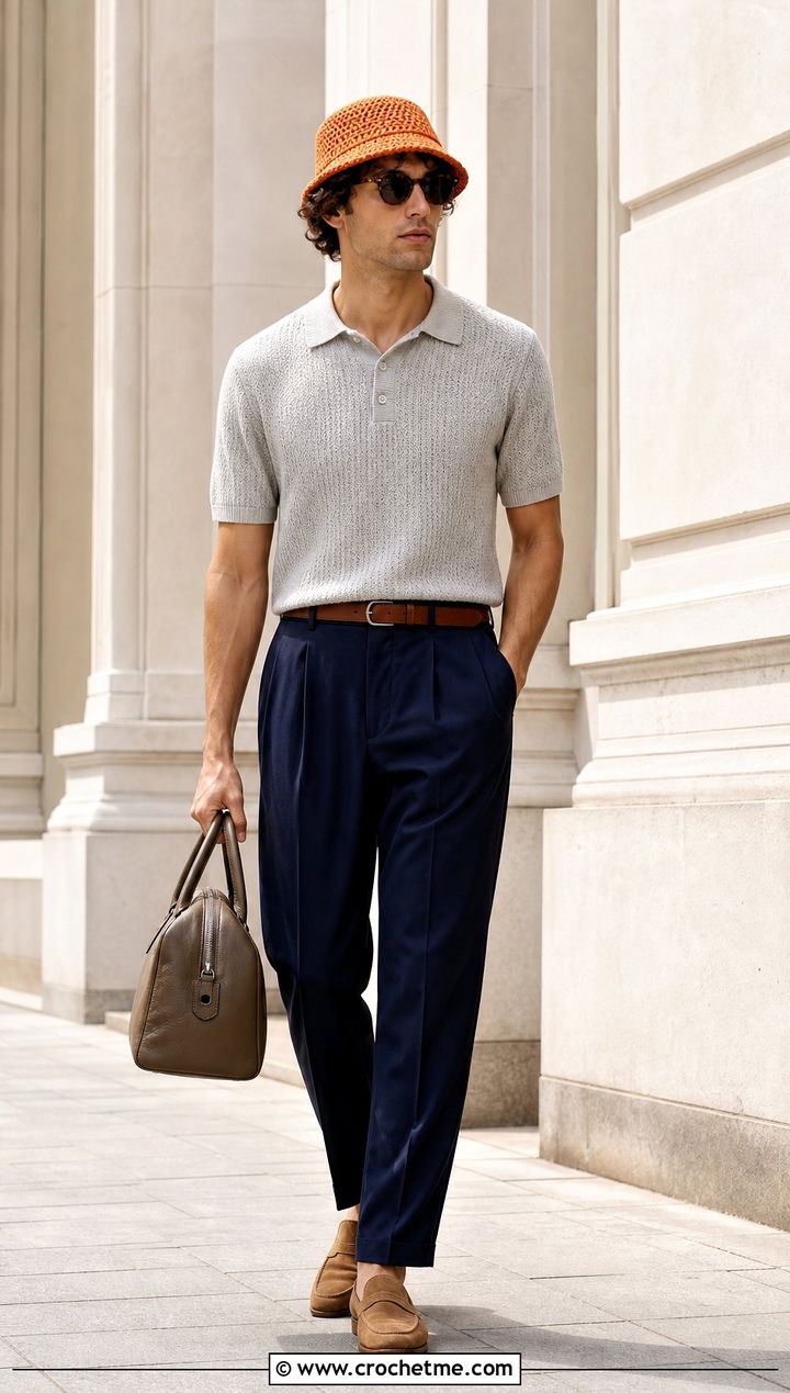 Short Brim Crochet Bucket Hat With Polo Shirt - 35 crochet hats men outfit ideas