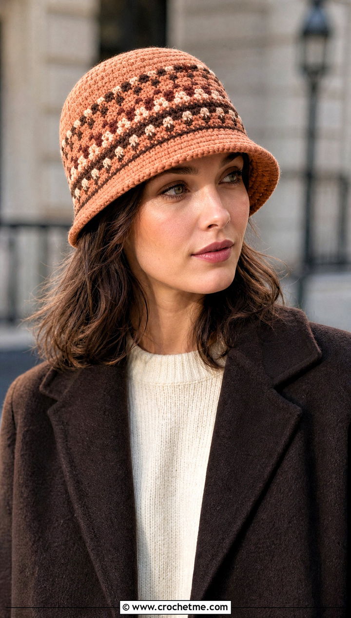 Short Brim Fair Isle Crochet Cloche With A Line Coat - 30 fair isle crochet hat outfit ideas