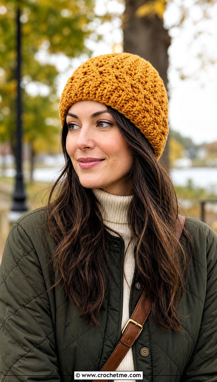 Short Cable Crochet Toque With Quilted Jacket - 25 Cable Knit Crochet Hat outfit ideas