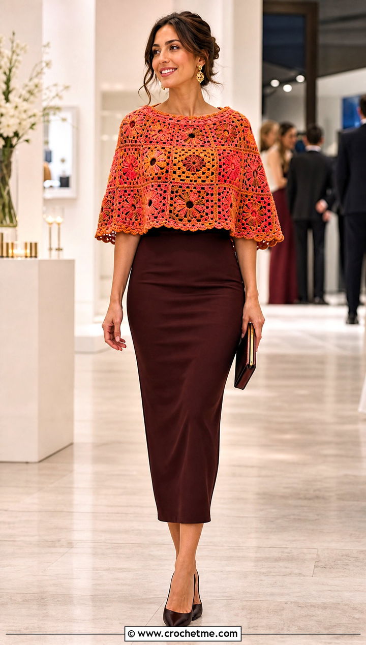 Short Capelet Mosaic Poncho With Column Dress - 15 Mosaic Crochet Poncho outfit ideas